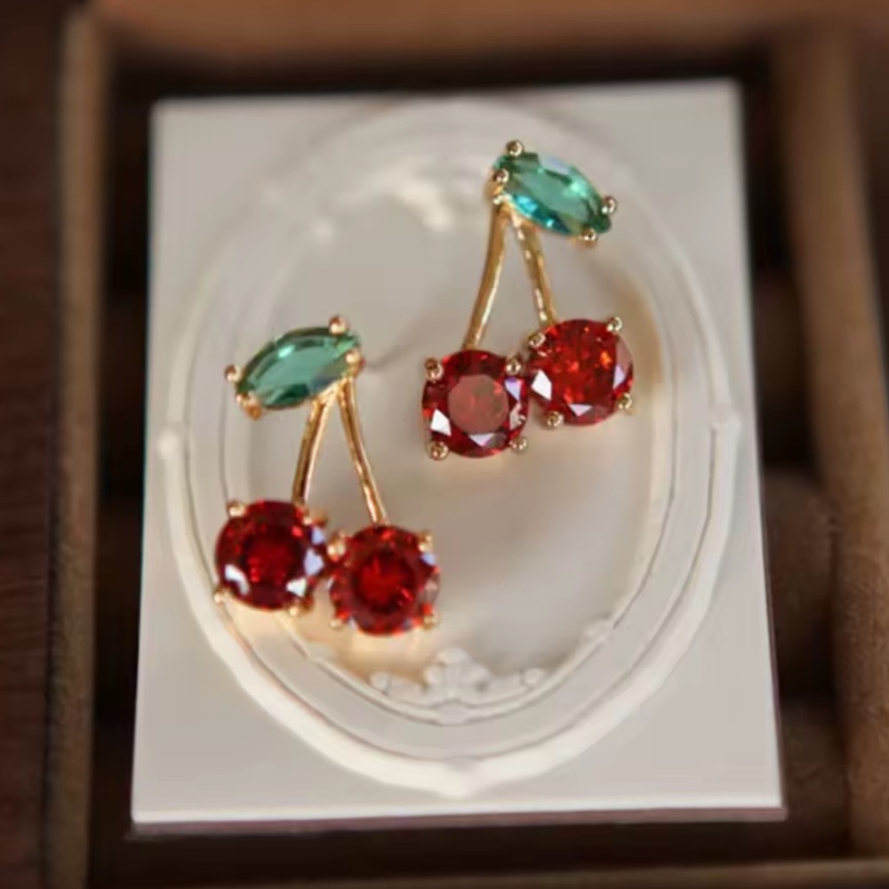 Red Cherry Gold Drop Earrings - Picture 5 of 6